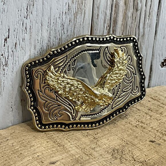 Soaring Eagle Belt Buckle Mens Western Patriotic Engraved Gold Tone - Picture 3 of 5